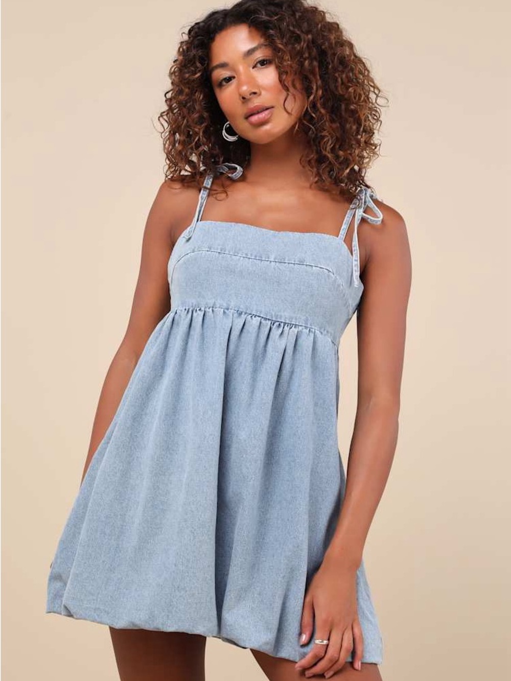 Lulus Charmed Aura Light Wash Denim Tie-Strap Bubble-Hem Mini Dress Size M NWT - Picture 1 of 11